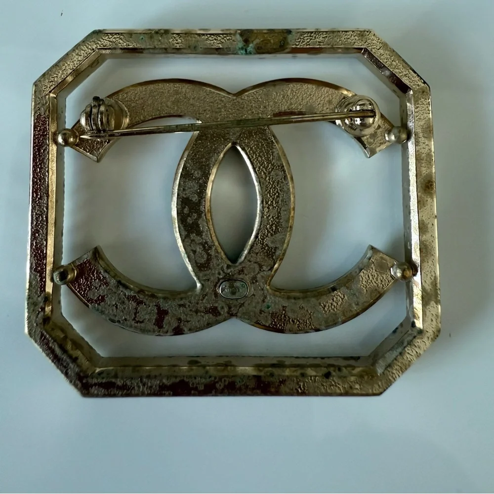CHANEL square gold brooch with crystals Authentic